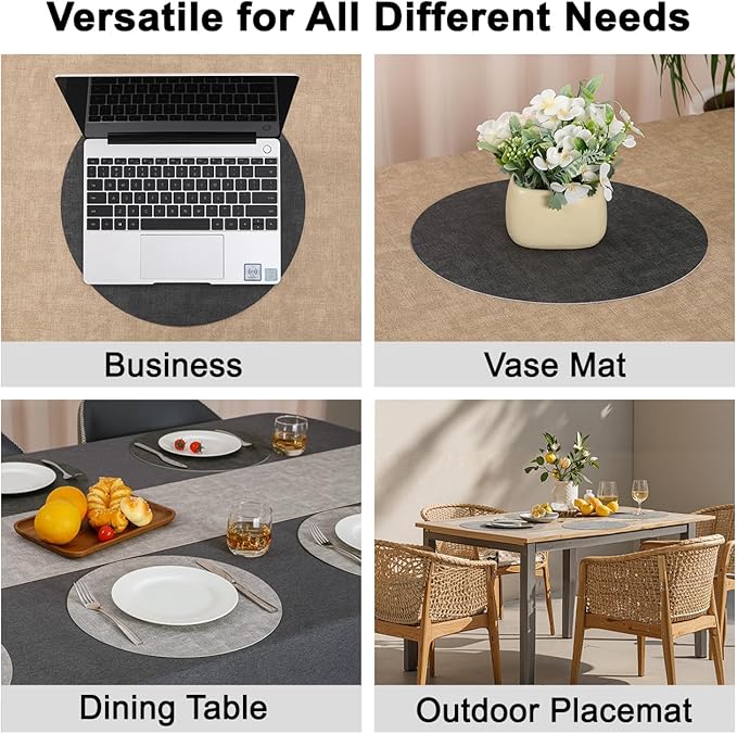 Myir JUN Reversible Vinyl Round Placemats Set of 8, Faux Leather Place Mats Dual Sided Waterproof Oilproof Wipeable, Heat-Resistant Table Mats for Kitchen Dining Indoor Outdoor (14", Light Gray Gray)