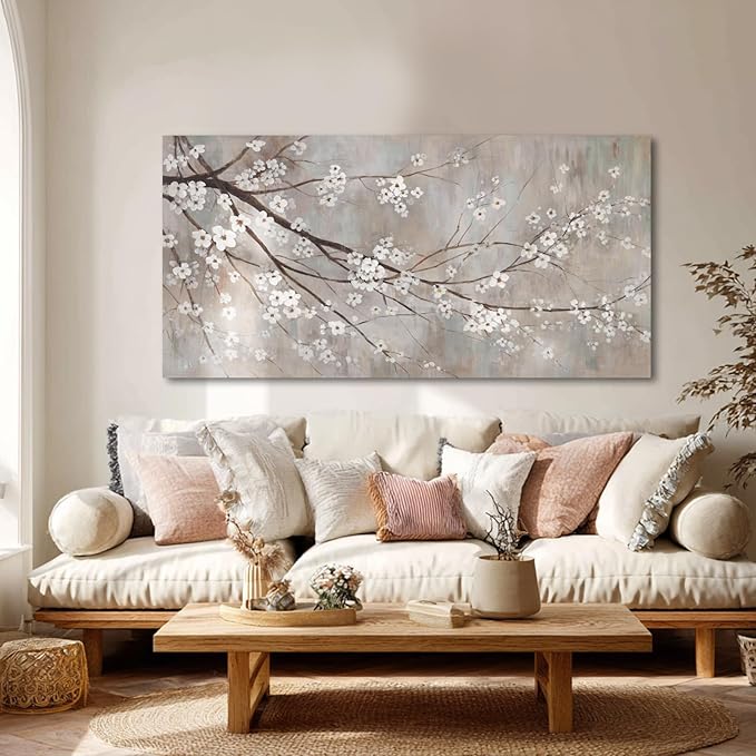 XIANSHOU Botanical Wall Decor Paintings Canvas Wall Art for Living Room White Flower Pictures Artwork Decorations for Bedroom Dining Room Office 29"x 58" Home Decor Ready to Hang