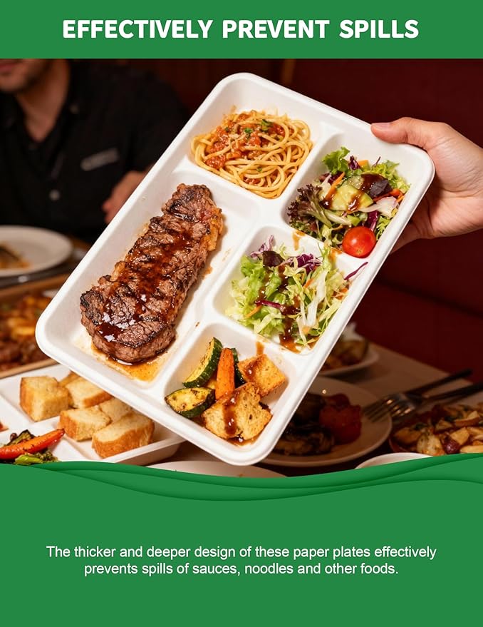 100% Compostable 5 Compartment Plates - 100 Pack Heavy Duty Lunch Trays, 12.5x8.6 Inch Disposable Bagasse Plates for School, Party, Buffet | Eco-Friendly Paper Trays with Dividers
