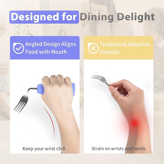 Adaptive Utensils Angled Knife and Fork for Hand Tremors Parkinsons,Weighted Utensils with Non-Slip Easy Grip Handles for Independent Eating (1pcs Bent Knife+1pcs Fork,Purple,Right Hand)