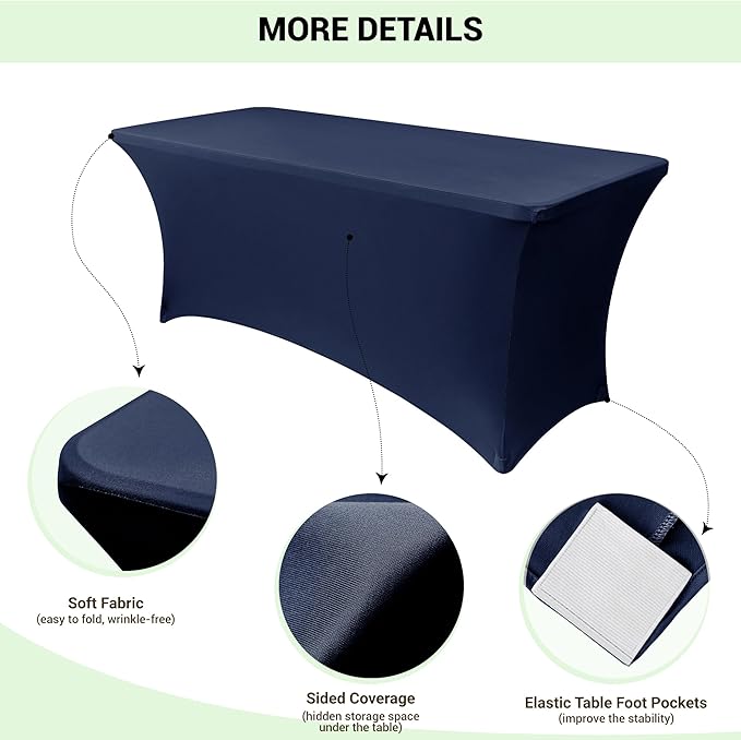 Obstal 6 Pack Stretch Spandex Table Covers for 6 Foot Tables - 6 FT Universal Rectangular Fitted Tablecloth Protector for Wedding, Banquet, Party (Navy, 72 Length x 30 Width x 30 Height Inches)