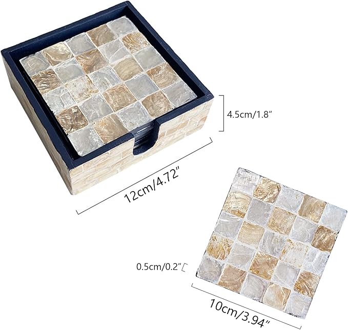 6 Pack Mother of Pearl Squre Coasters with Holder, Seashell Inlay Square Cup Holders with Organizer, Decorative Coasters Capiz Shell Trivet for Coffee Table, 4.8", I-lan