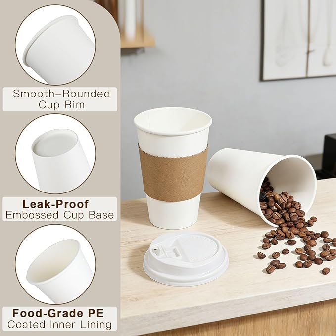 120 Pack 16 oz Paper Coffee Cups Set, Disposable White Coffee Cups with Lids, Sleeves and Stirring Sticks, Fit For Cold and Hot Drinks