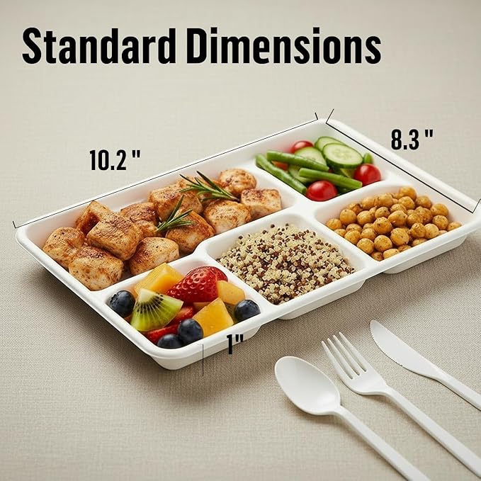 5 Compartment Compostable Heavy Duty Disposable Paper Plates, 150 Count | 10.2" X 8.3" | Natural Bagasse, White Biodegradable Eco-Friendly School Lunch, Buffet, Party Sugarcane Tray