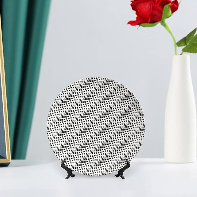 Decorative Plates, Abstract Print Ornament, Wavy Rhombus Abstract Modern Monochrome Decor, 6 Inch, Kitchen Wall Decor, Black White
