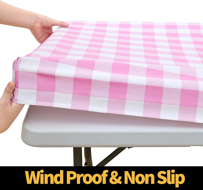 Smiry Rectangle Picnic Table Cloth, Elastic Waterproof Fitted Vinyl Tablecloths, Flannel Backed Buffalo Plaid Table Covers for Dining, Camping, Valentines(White and Pink, 24" x 48")