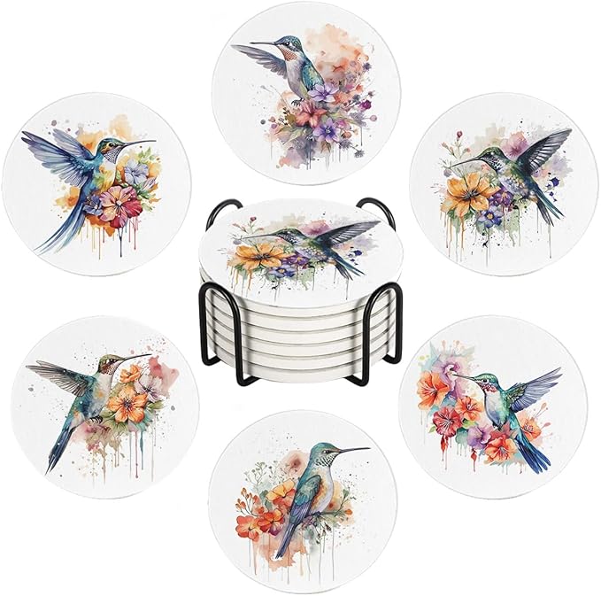 Drink Coasters for Drinks Set of 6, Watercolor Hummingbird Absorbent Round Ceramic Stone Mat, with Cork Base and Metal Holder, Home Bar Decor House Warming Gift