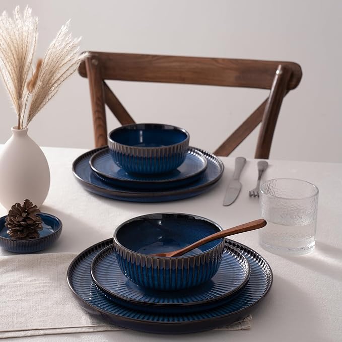 Famiware Starlight Plates and Bowls Dishes Set of 8 (24 Pieces), Ribbed Textured Stoneware Dinnerware Sets- Dishwasher & Microwave Safe, Chip & Scratch Resistant, Starry Blue