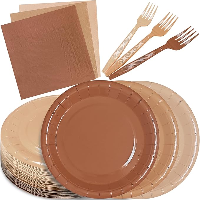 Serves 35 Guests Gradient Brown Plates and Napkins Party Supplies,7" Gradient Brown Birthday Dessert Paper Plates and Napkins,Disposable Party Dinnerware for Wedding,Graduation
