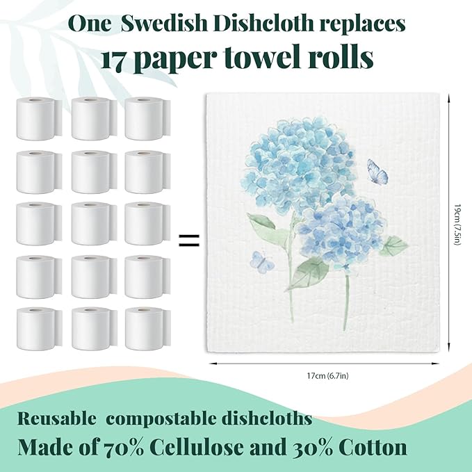Spring Floral Swedish Dishcloths for Kitchen, Swedish Dish Cleaning Cloths for Hydrangea, Papaya Reusable Paper Towels, 4 Pack Dish Towels for Kitchen, Reusable Paper Dishcloths Washable