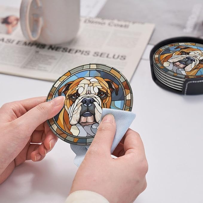 Drink Coaster Set of 6, Bulldog Dog Mom Lover Gift,Leather Drink Coasters with Holder,6 Pack Cup/Bar/Drink Coasters for Table/Drinks/Coffee Protection Housewarming Gift