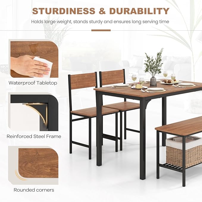 NAFORT Dining Table Set for 4 with Bench, Industrial Kitchen Table and Chairs, Rustic Brown Wood & Black Metal 4-Piece Dining Room Set for Apartment, Small Space, Kitchen, Restaurant