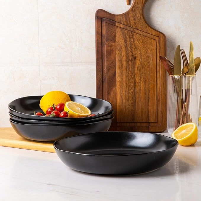 AmorArc 9.75'' Ceramic Large Pasta Bowls, 38oz Stoneware Flat Serving Bowls Set of 4, Oven,Microwave&Dishwasher Safe Bowls with Wavy Rim for Fruit Pasta Salad Meal, Matte Black