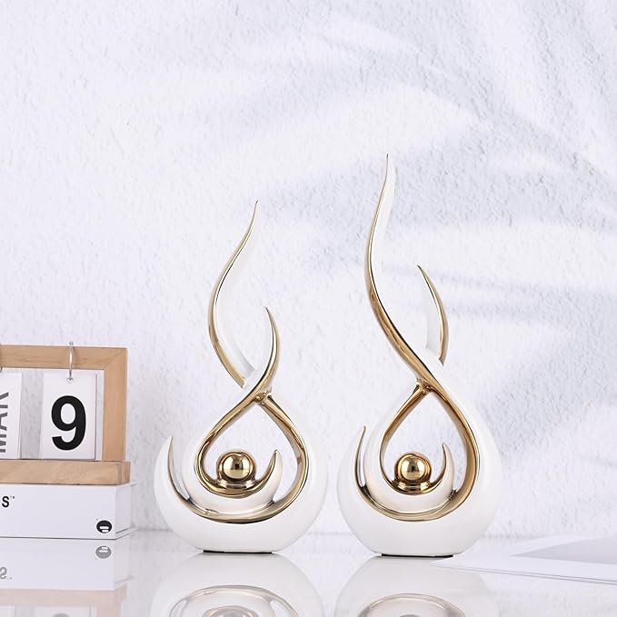 Ceramic Abstract 2 Piece Statue Set, White and Gold Home Decor Accents for Home Decor Statue Mantel Shelf Decor Unique Shelf Decor on Mantel, TV Cabinet Divider Table Top and Dining Table Centerpiece.