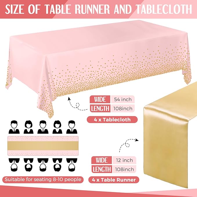 Breling 8 Pack Pink and Gold Disposable Plastic Tablecloths and Satin Table Runner Set, 54 x 108 Inch Tablecloth, 12 x 108 Inch Table Runners for Wedding Graduation Birthday Baby Shower