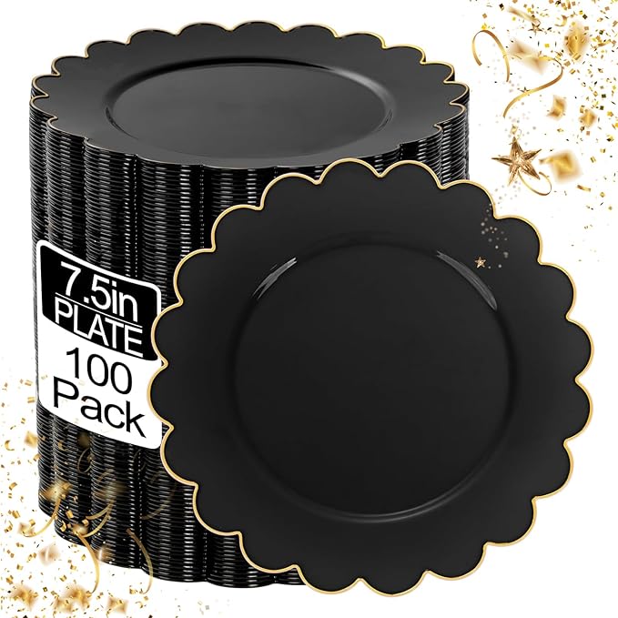 LIYH 100 Pcs Black Plastic Scalloped Plates - Disposable Dessert Plates with Elegant Gold Rim Cake Plate Disposable for Salad Parties Cass Reunions Wedding