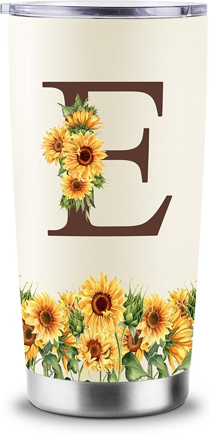 Sunflower Gifts for Women - Personalized Christmas Gifts for Women - Birthday Gift for Woman - Mothers Day Gift for Mom - Monogrammed, Initial 20oz Travel Cup Insulated Tumbler with Lid, E