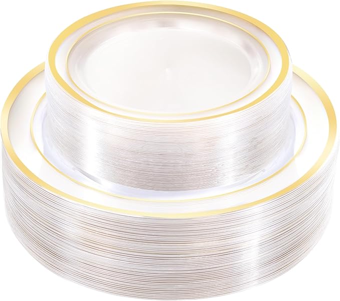 100 PCS Clear Gold Plastic Plates, Disposable Party Plates Include 50 Dinner Plate and 50 Dessert Plate Perfect for Holiday, Birthday, Wedding & Party