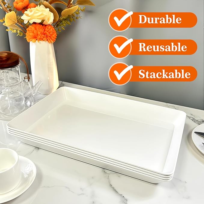 Serving Tray Platter, 3 Pcs Food Tray for Veggie Fruit Snack Dessert Cookie Cheese, Food Trays for Party Supplies Display, Plastic Platters for Serving Food, Large White Trays, BPA Free