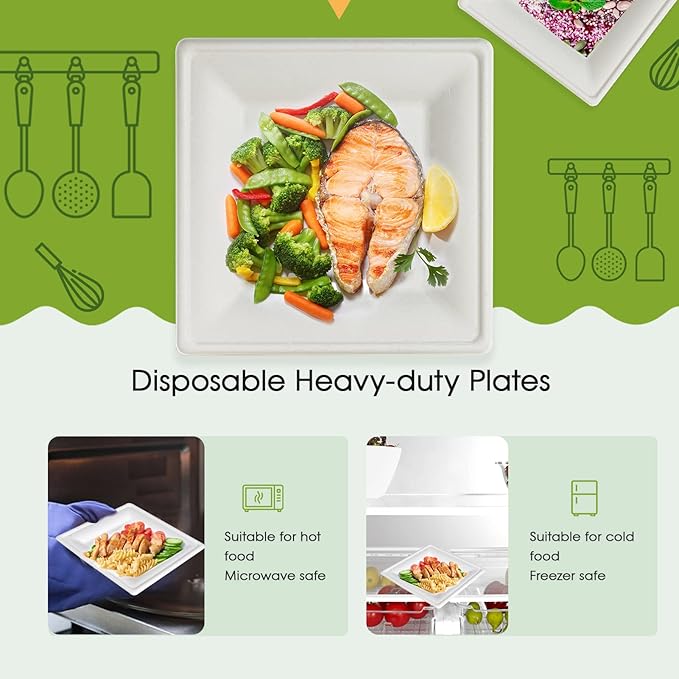 ECOLipak 150 Pieces Compostable Square Paper Plates, 10 inch Disposable Plates Square, Eco-friendly Biodegradable Sugarcane Bagasse Plates for Party Dinner Birthday