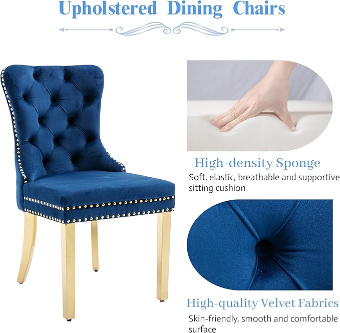 KCC Velvet Dining Chairs Set of 2, Upholstered High-end Tufted Dining Chair with Nailhead Back Ring Pull Trim Stainless Steel Legs, Contemporary Nikki Collection Modern Style for Kitchen, Blue