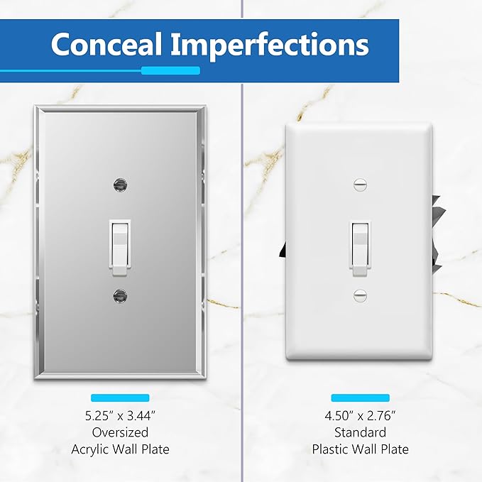 LIDER Reflective Acrylic Toggle Switch Wall Plate, Mirrored Light Switch Cover, Plexiglass Cover Plate, Acrylic Glass, Oversized 1-Gang 5.25" x 3.44", LWP-11O-ASV5P, Silver, 5 Pack