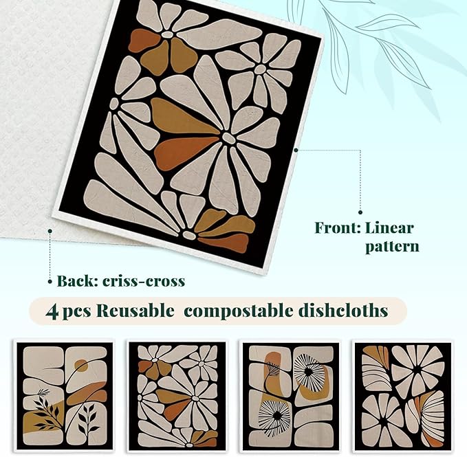 Swedish Dishcloths for Kitchen, Boho Floral Botanical Swedish DishCloths, Papaya Reusable Paper Towels Washable, 4 Pcs Dish Towels for Kitchen Party Home Housewarming Cleaning Cloths