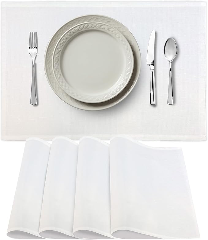 Premium European Cloth Table Linen Placemats - 56% Cotton 44% Linen Fabric, Jacquard Woven Design - For All Occasions or Daily Use - Machine Washable - Carlo Lamperti Italy - White, 20"x14" (Set of 4)