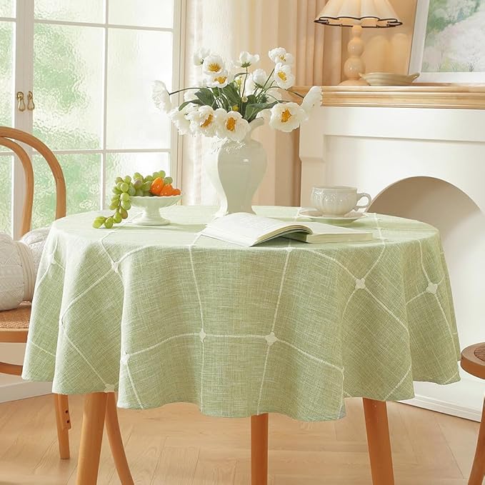 Zobesta Linen 60 Inch Round Tablecloth Green, Cotton Green Linen Table Cloth Plaid Farmhouse Soft Boho Tablecloth for Outdoor, Party, Holiday, Picnic, Dining