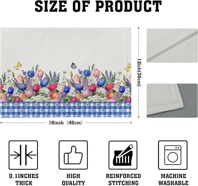 Tulip Placemats - Spring Easter Place Mats Set of 4 Blue Floral Plaid Place Mat 12x18 for Party Kitchen Dining Home