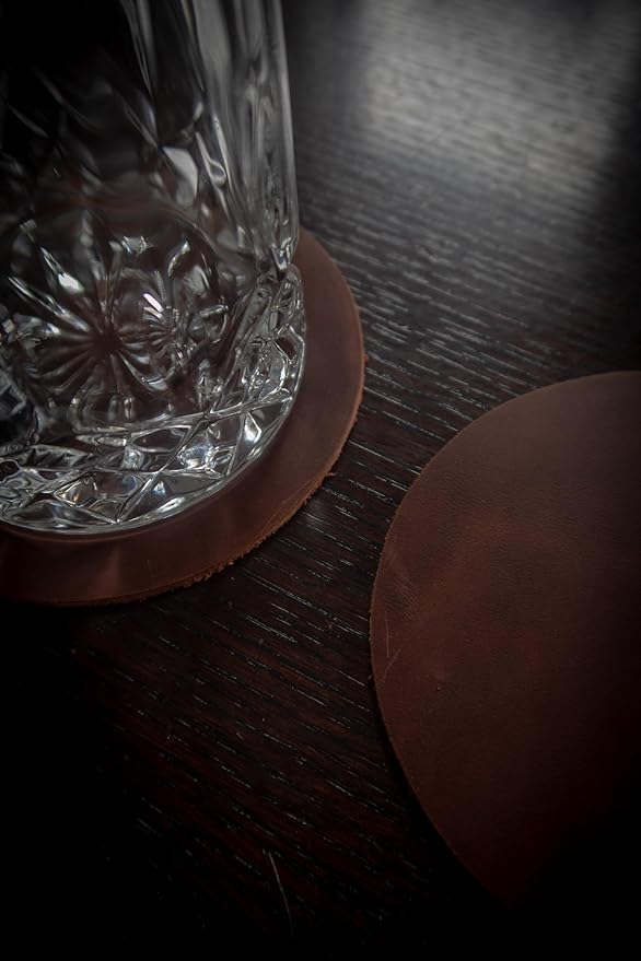 Real Natural Grain Leather Coasters – Durable Non-Slip Distressed Design, Set of 6 for Table Protection in Home, Office, Kitchen, and Bar (Mocha)