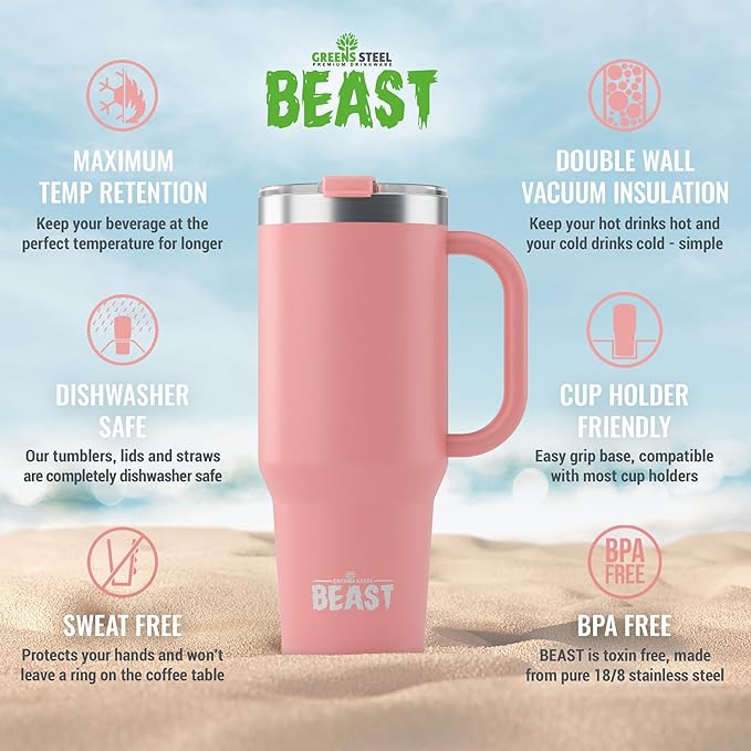 Beast 42 oz Tumbler with Handle Stainless Steel Vacuum Insulated Coffee Ice Cup Double Wall Travel Flask (Blossom Pink)