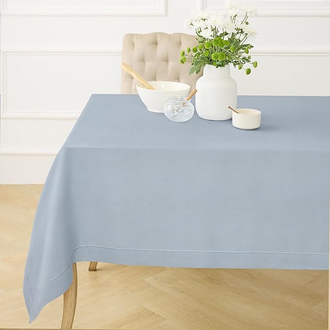 Solino Home Dusty Blue Linen Tablecloth 60 x 132 Inch - 100% Pure Linen Hemstitch Table Cloth for Rectangle Tables - Classic Hemstitch, Machine Washable Tablecloth for Winter, Spring, Easter