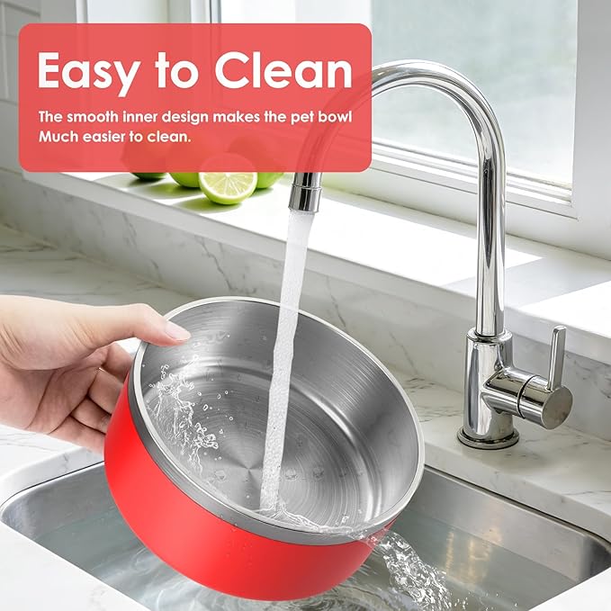 IKITCHEN Dog Bowl for Food and Water, 40 Oz Stainless Steel Pet Feeding Bowl, Durable Non-Skid Double Wall Insulated Heavy Duty with Rubber Bottom for Medium Large Dogs (40 Ounces/5 Cup, Red)