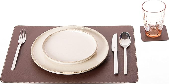 Nikalaz Set of Brown Placemats and Coasters, 4 Table Mats and 4 Coasters, Italian Recycled Leather, Place Mats 18 x 13 inches, Dining Table Set