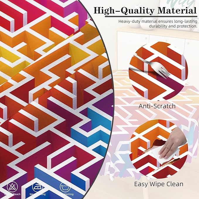 Laeacco 42 Inch Maze Round Tablecloth Colorful Labyrinth Texture Modern Geometric Abstract Art Print Table Cloth Washable Waterproof Wrinkle Free Table Cover for Kitchen Dining Picnic Party Decor