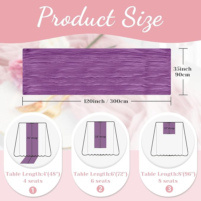 Purple Table Runner, 10 Ft 120 in Cheesecloth Table Runner, Rustic Table Runners for Wedding, Party, Bridal Shower, Spring Table Runners for Halloween Mardi Gras