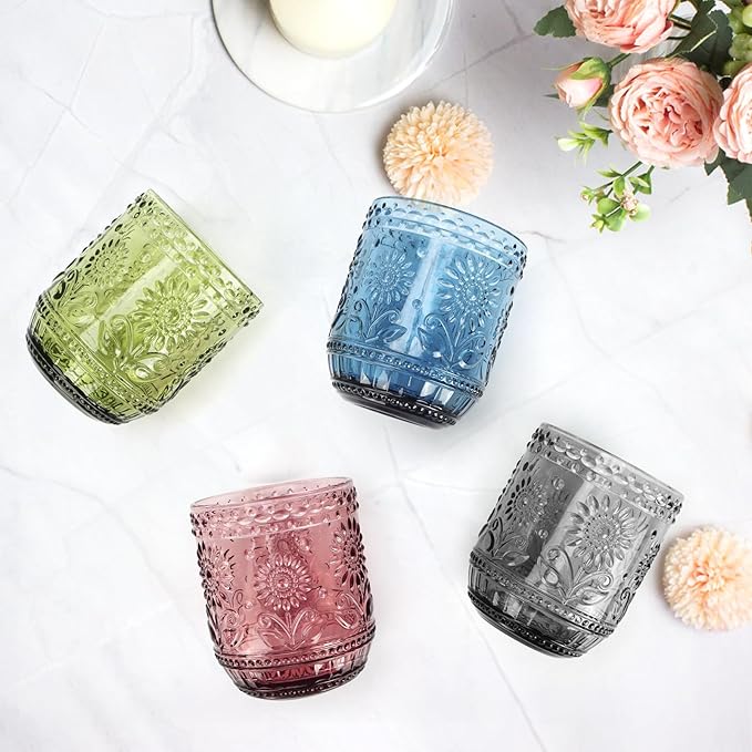 Topsky Vintage Drinking Glass Set of 4,12 oz Embossed Floral Drinkware Set,Colorful Drinking Glasses Cups Wine Glasses Colored Glassware for Whisky,Beer,Juice,Cocktail,Heavy Duty