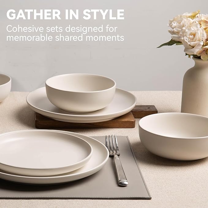 12-Piece Stoneware Dinnerware Set with Mugs | Microwave and Dishwasher Friendly | Stackable Matte Glaze Plates & Bowls | Service for 3 (White for 4)