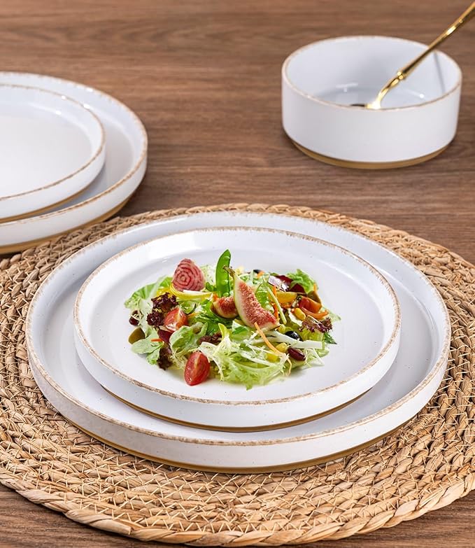 AmorArc Ceramic Dinnerware Sets for 8, 24 Pieces Handpainted Plates and Bowls Set with Rustic Terracotta Underside, Scratch Resistant Stoneware Dishes Set, Dishwasher & Microwave Safe