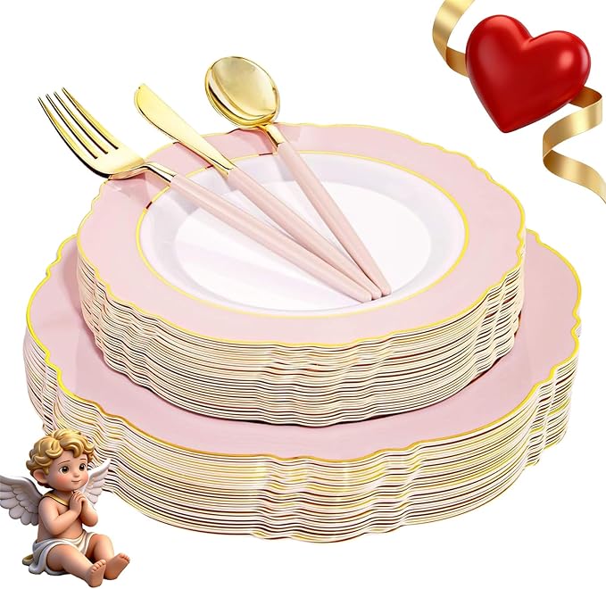 WDF 30Guest Pink Plates Disposable - Hign-end Baroque Design - Gold Plastic Silverware with Handle-Baroque Pink &Gold Plastic Dinnerware for Valentine's Day/Wedding