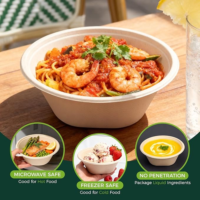 32 OZ Large Disposable Paper Bowls - Heavy Duty and Compostable - Made from Eco-friendly Sugarcane Bagasse - Biodegradable Bowls for Soup, Salad, Dessert, Ice Cream [100 Pack]