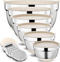 9 Pack Mixing Bowls with Airtight Lids Set, Stainless Steel Mixing Bowls with Grater Attachments, Nesting Kitchen Bowl Set with Non-Silp Bases, Size 7, 4, 3, 2, 1.5,1QT, Khaki
