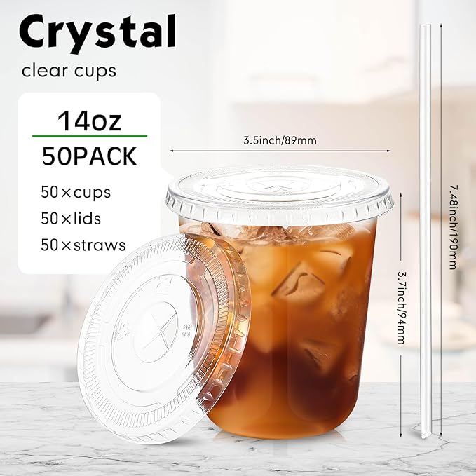 50 Sets Clear Plastic Cups with Lids and Straws, Disposable Iced Coffee Cups Drinking PET for Cold Drinks, Juice, Smoothie, Coffee Shops, Party, Christmas (Clear,14 oz)