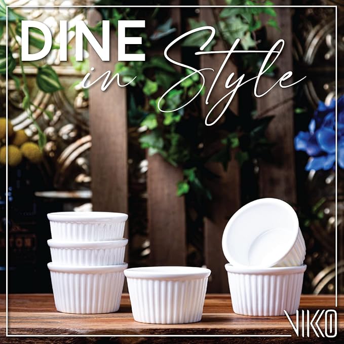 Vikko White Ramekin, Set of 6 Fine Porcelain Ramekins, Stackable 3 Inch Bowls, 3.5 Ounce Dips Dish, Dishwasher Safe