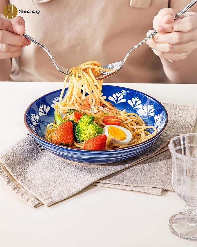 Yeacccng Pasta Bowls Set of 6, 35 Oz Ceramic Large Salad Bowl, 8.5 Inch Colorful Serving Bowls for Kitchen, Dishwasher & Microwave Safe, Scratch-Resistant, Lead-Free (Blue*6)