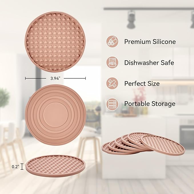 Coasters for Drinks, Silicone Coasters Set of 12 with Metal Holder, Outdoor Coaster for Coffee Table, Non-Slip Rubber Table Cup Mat Desk, Heat Resistant & Scratch-Proof (Dusty Pink)