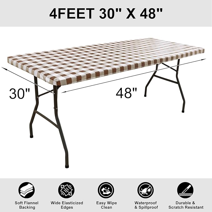 Smiry Rectangle Picnic Table Cloth, Elastic Waterproof Fitted Vinyl Tablecloths, Flannel Backed Buffalo Plaid Table Covers for Dining, Camping, Outdoor (White and Brown, 30" x 48")