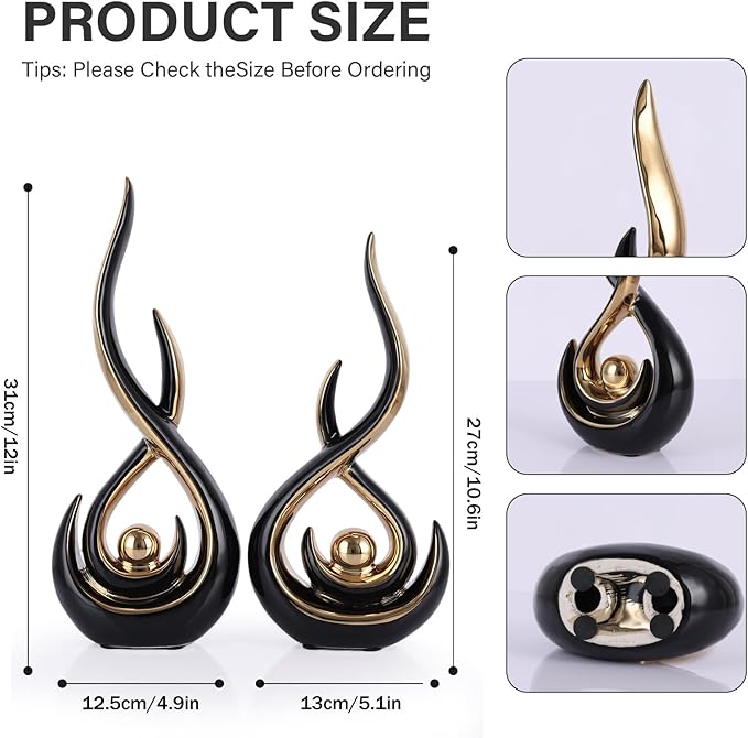 DOVDOV Ceramic Abstract 2 Piece Statue Set, Black and Gold Home Decor Accents for Home Decor Statue Mantelpiece on Unique Shelf Decor, TV Cabinet Divider Table top and Dining Table Centerpiece.