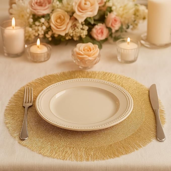 FAVE Round Gold Vinyl Placemats Set of 4, Washable Hollow Out Fringe Place Mats for Wedding, Party, Birthday, Restaurant Decor and Daily Dining(15 inch)